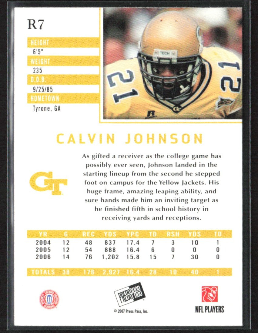 Calvin Johnson 2007 Press Pass SE RC #R7 Georgia Tech Yellow Jackets