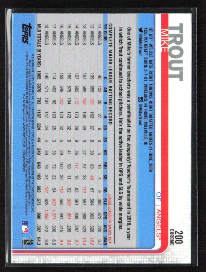 Mike Trout 2019 Topps Chrome #200 Los Angeles Angels