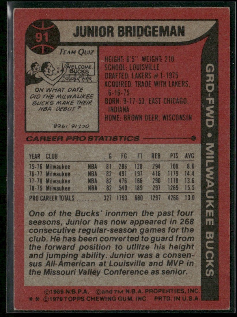 Junior Bridgeman 1979 Topps #91 Milwaukee Bucks