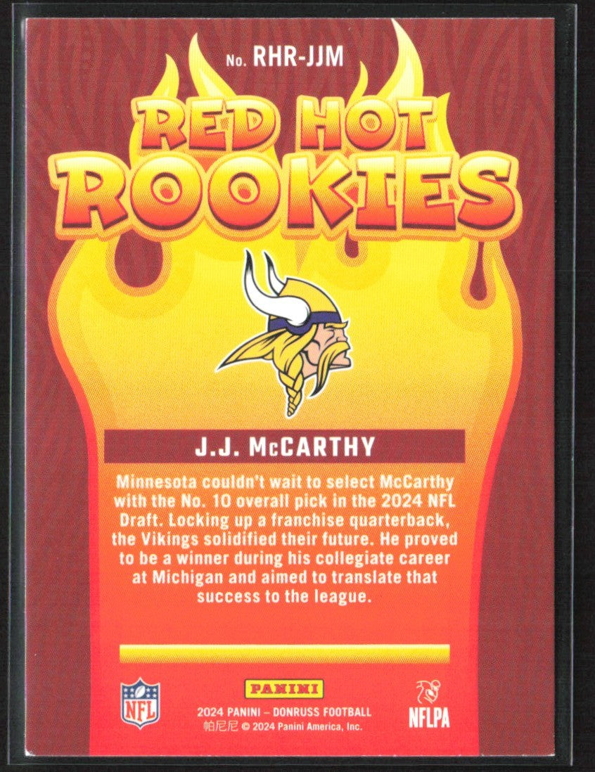 J.J. McCarthy 2024 Donruss Red Hot Rookies RC #RHR-JJM Minnesota Vikings