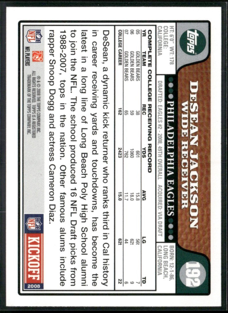 DeSean Jackson 2008 Topps Kickoff RC #192 Philadelphia Eagles