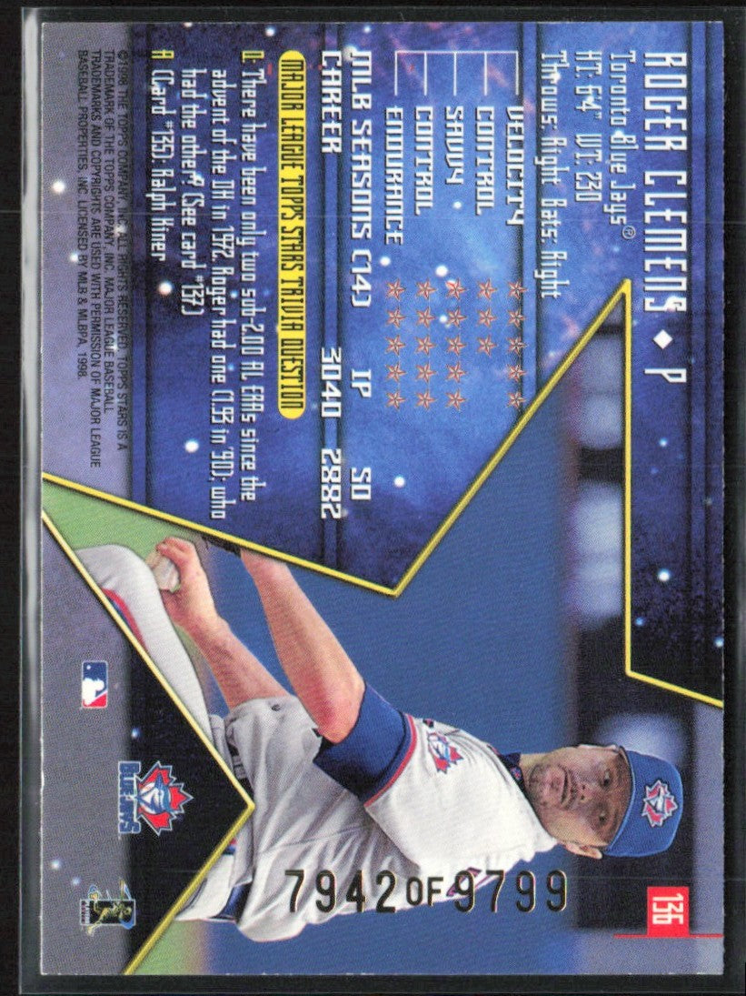 Roger Clemens 1998 Topps Stars /9799 #136 Toronto Blue Jays