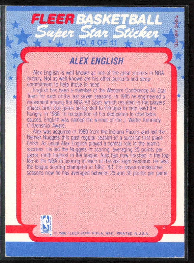 Alex English 1988 Fleer Stickers #4 Denver Nuggets