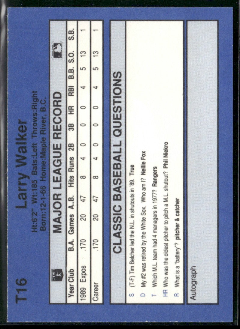 Larry Walker 1990 Classic Update Pink Travel Edition RC #T16 Montreal Expos