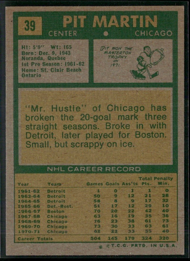 Pit Martin 1971 Topps #39 Chicago Blackhawks