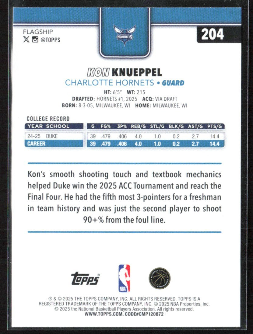Kon Knueppel 2025 Topps RC #204 Charlotte Hornets