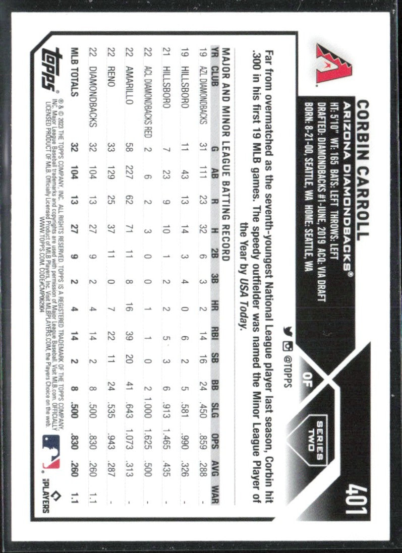 Corbin Carroll 2023 Topps RC #401 Arizona Diamondbacks