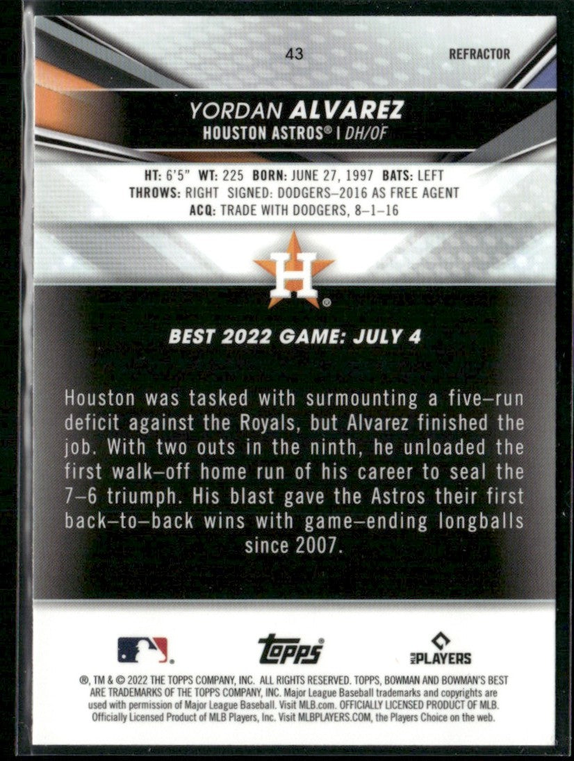 Yordan Alvarez 2022 Bowman's Best Refractor #43 Houston Astros
