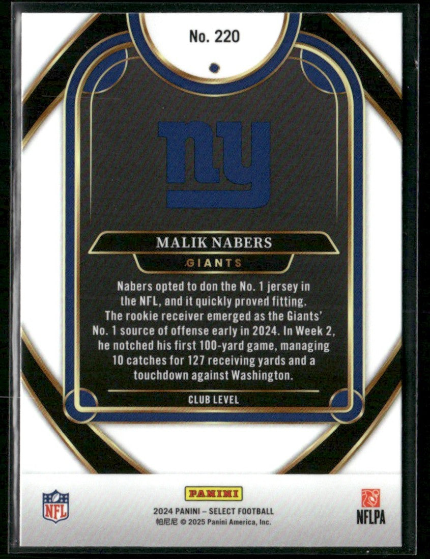 Malik Nabers 2024 Panini Select Club RC #220 New York Giants