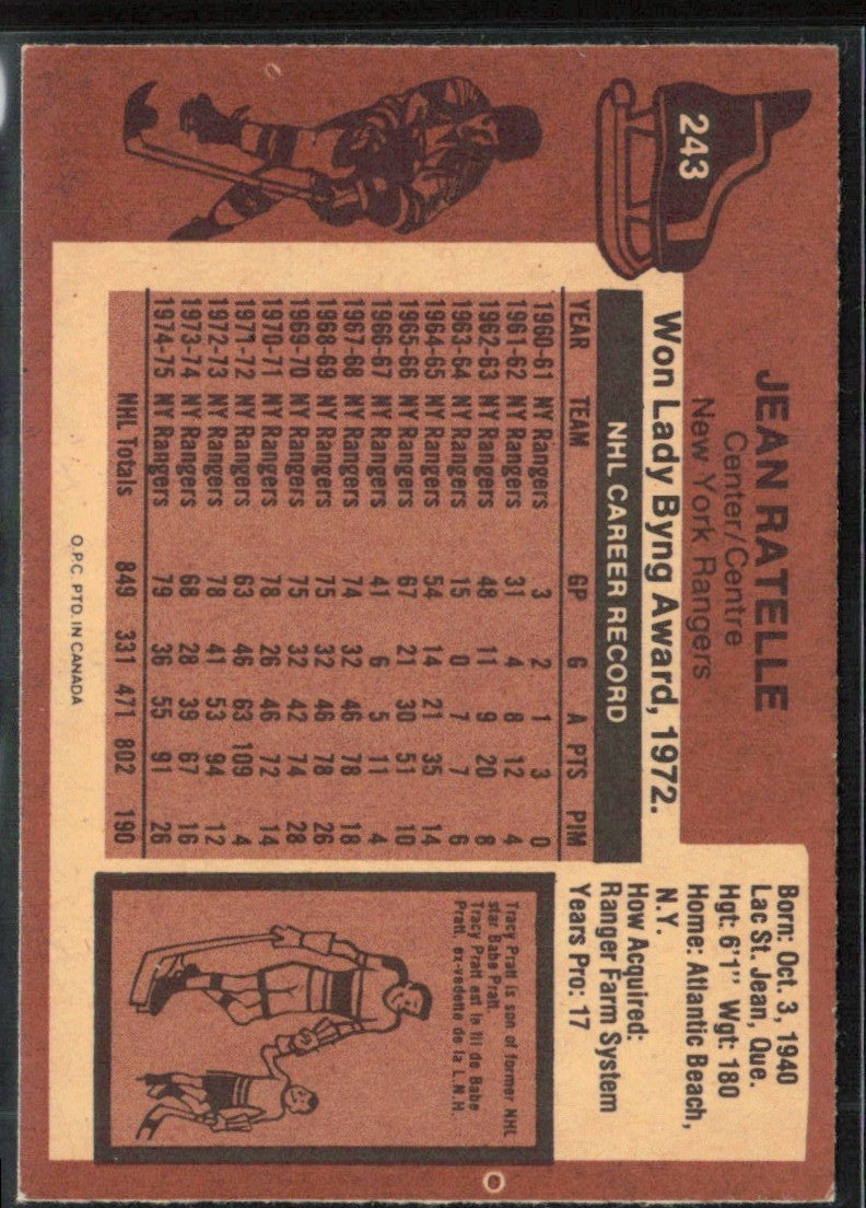 Jean Ratelle 1975 Topps #243 New York Rangers