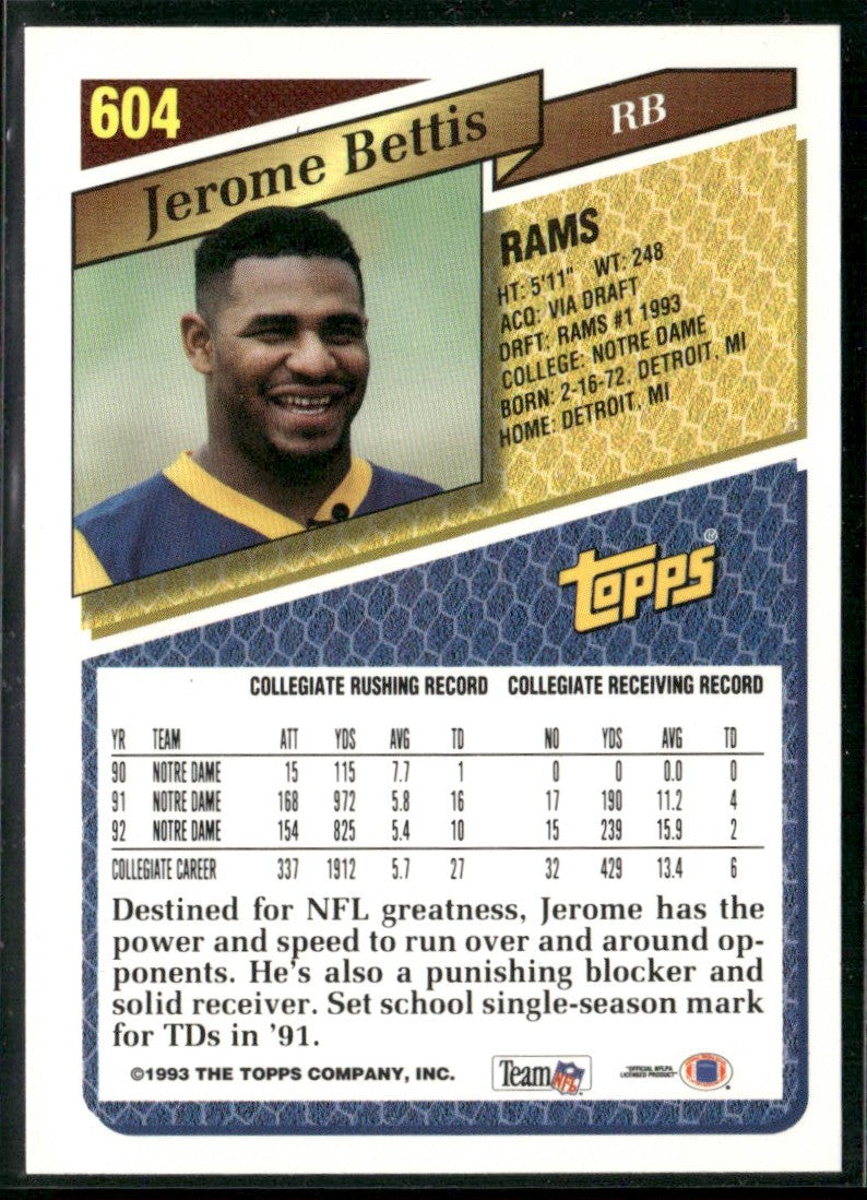 Jerome Bettis 1993 Topps RC #604 Los Angeles Rams