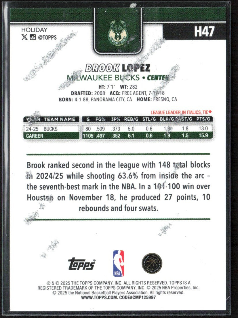 Brook Lopez 2025 Topps Holiday Light Blue & White Glitter #H47 Milwaukee Bucks
