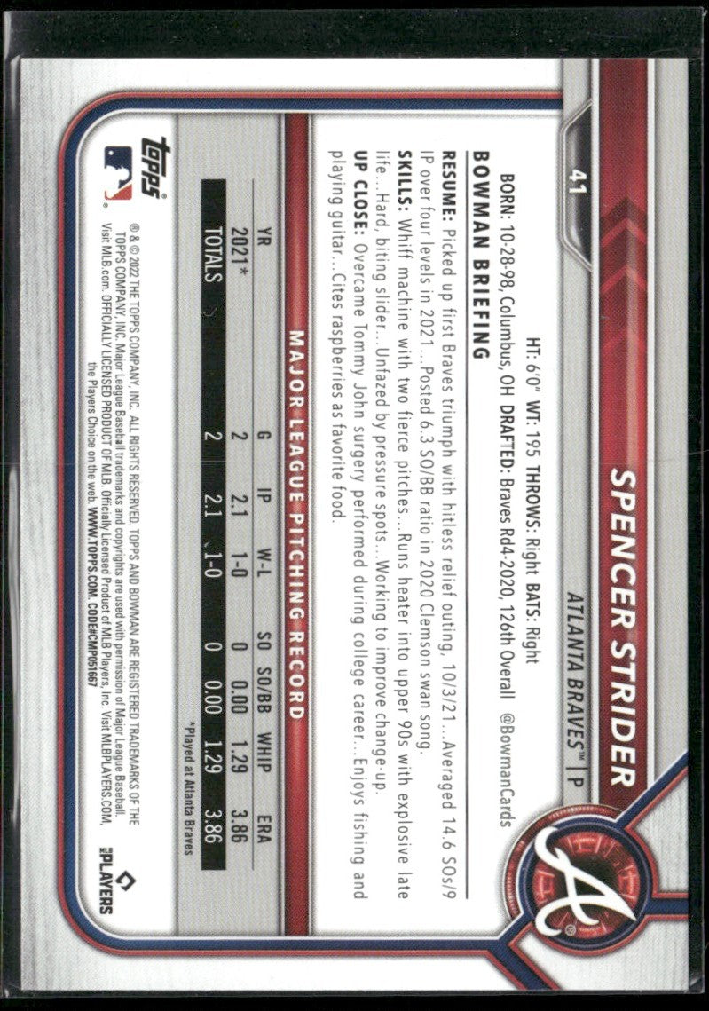 Spencer Strider 2022 Bowman RC #41 Atlanta Braves
