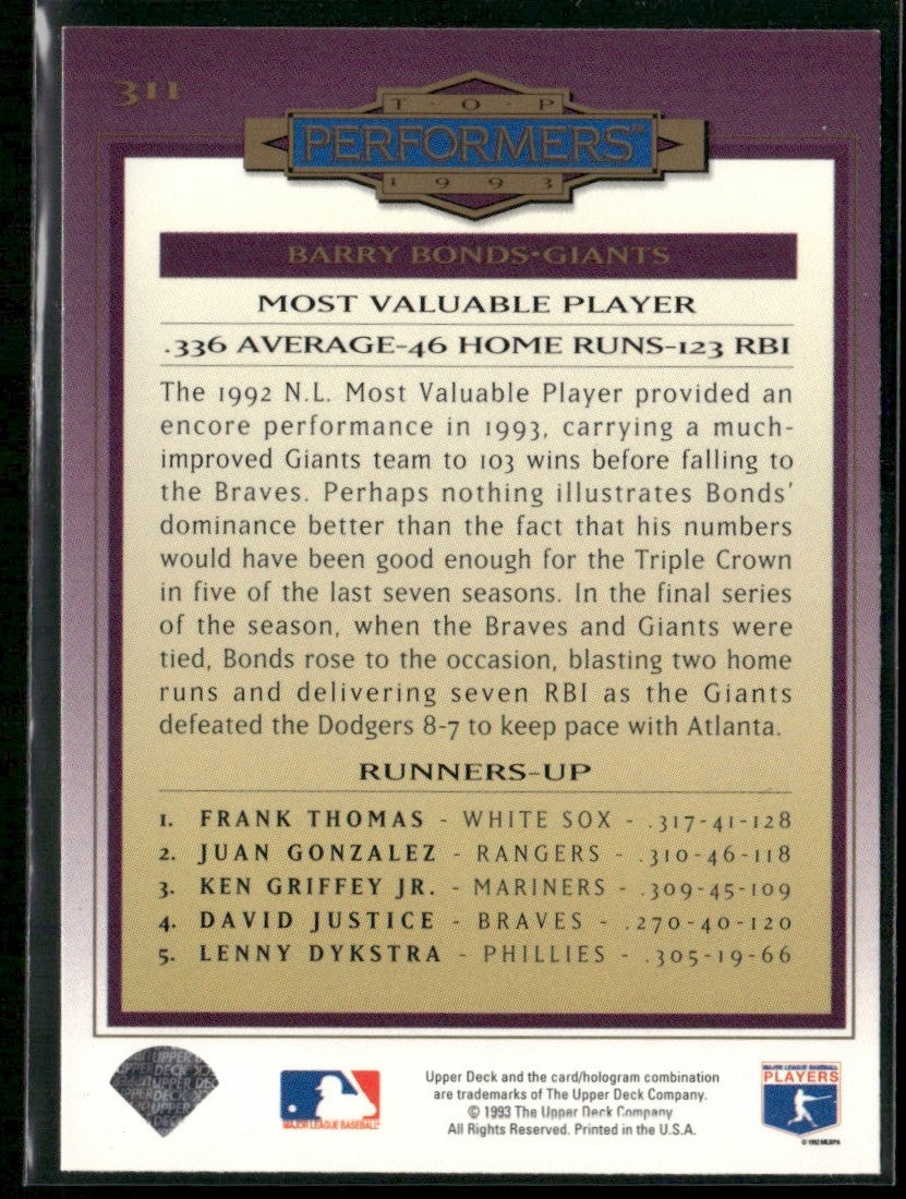 Barry Bonds 1994 Collector's Choice Silver Signature #311 San Francisco Giants