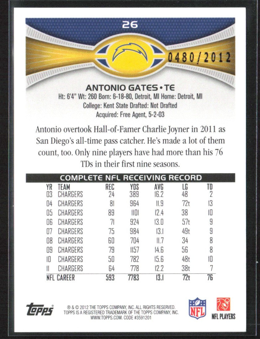 Antonio Gates 2012 Topps Gold /2012 #26 San Diego Chargers
