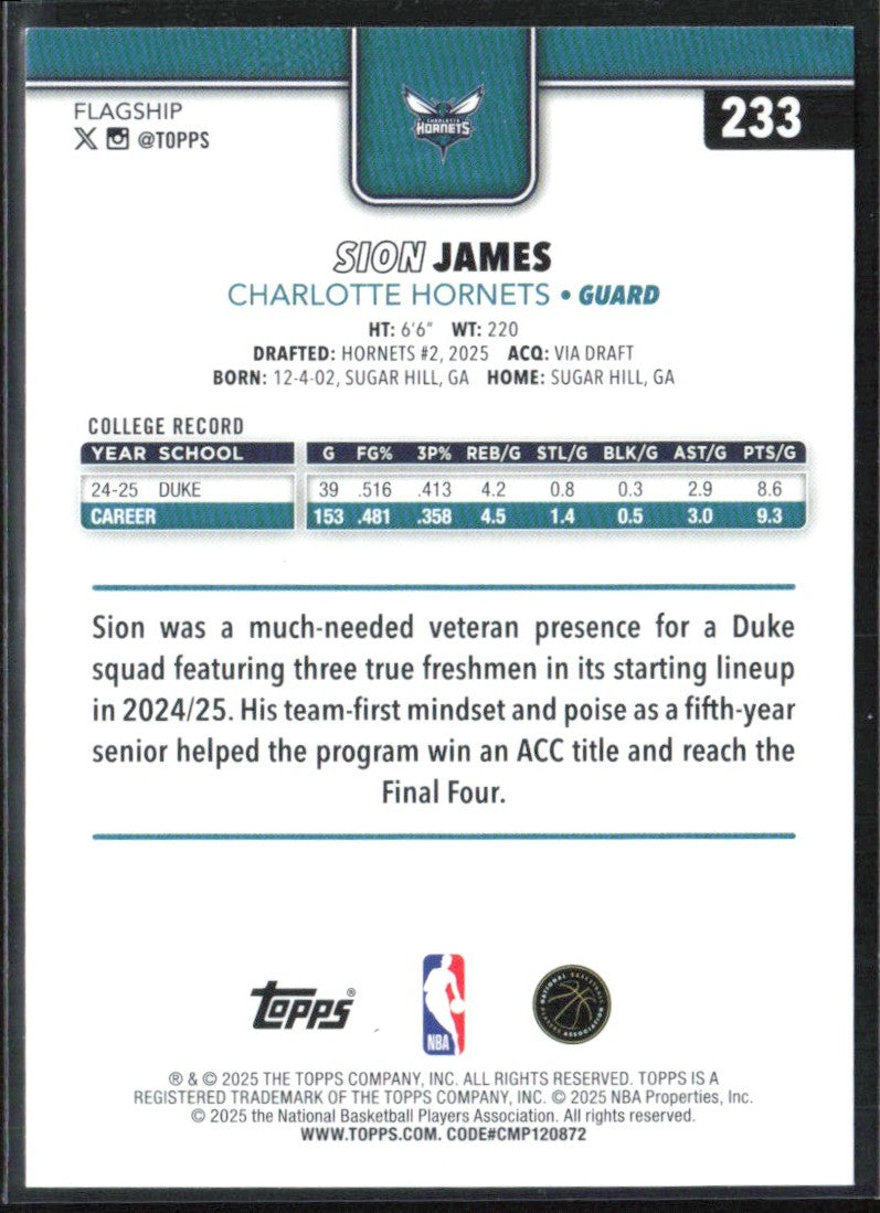 Sion James 2025 Topps RC #233 Charlotte Hornets
