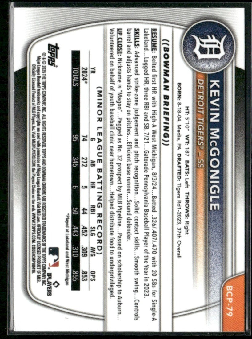 Kevin McGonigle 2025 Bowman Chrome 1st #BCP-79 Detroit Tigers