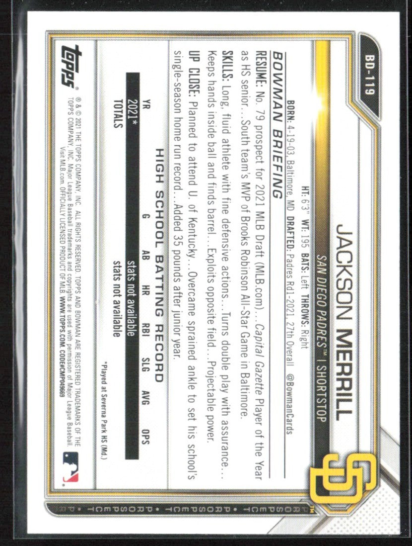 Jackson Merrill 2021 Bowman Draft #BD-119 San Diego Padres
