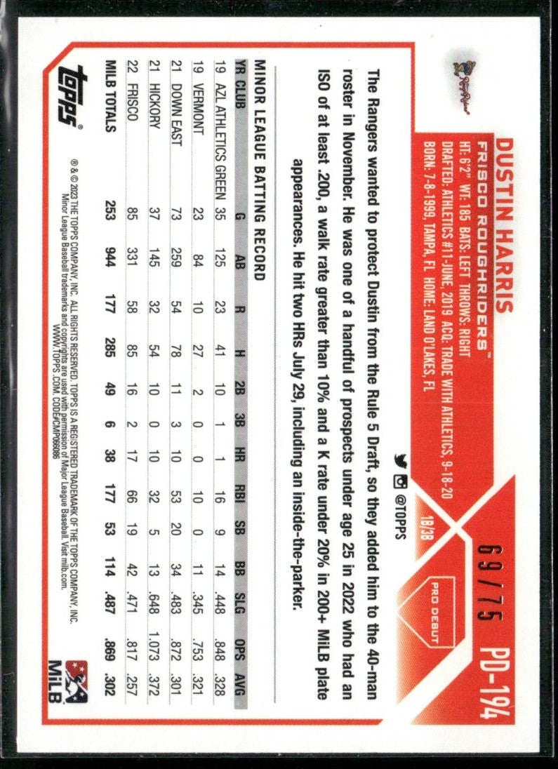 Dustin Harris 2023 Topps Pro Debut Aqua /75 #PD-194 Frisco RoughRiders