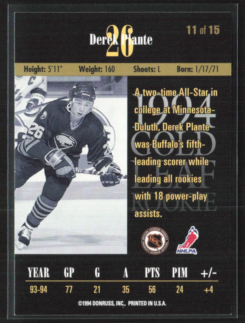 Derek Plante 1994 Leaf Gold RC #11 Buffalo Sabres
