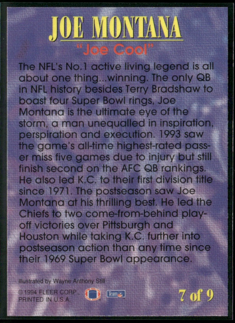 Joe Montana 1994 Fleer Pro Vision #7 Kansas City Chiefs