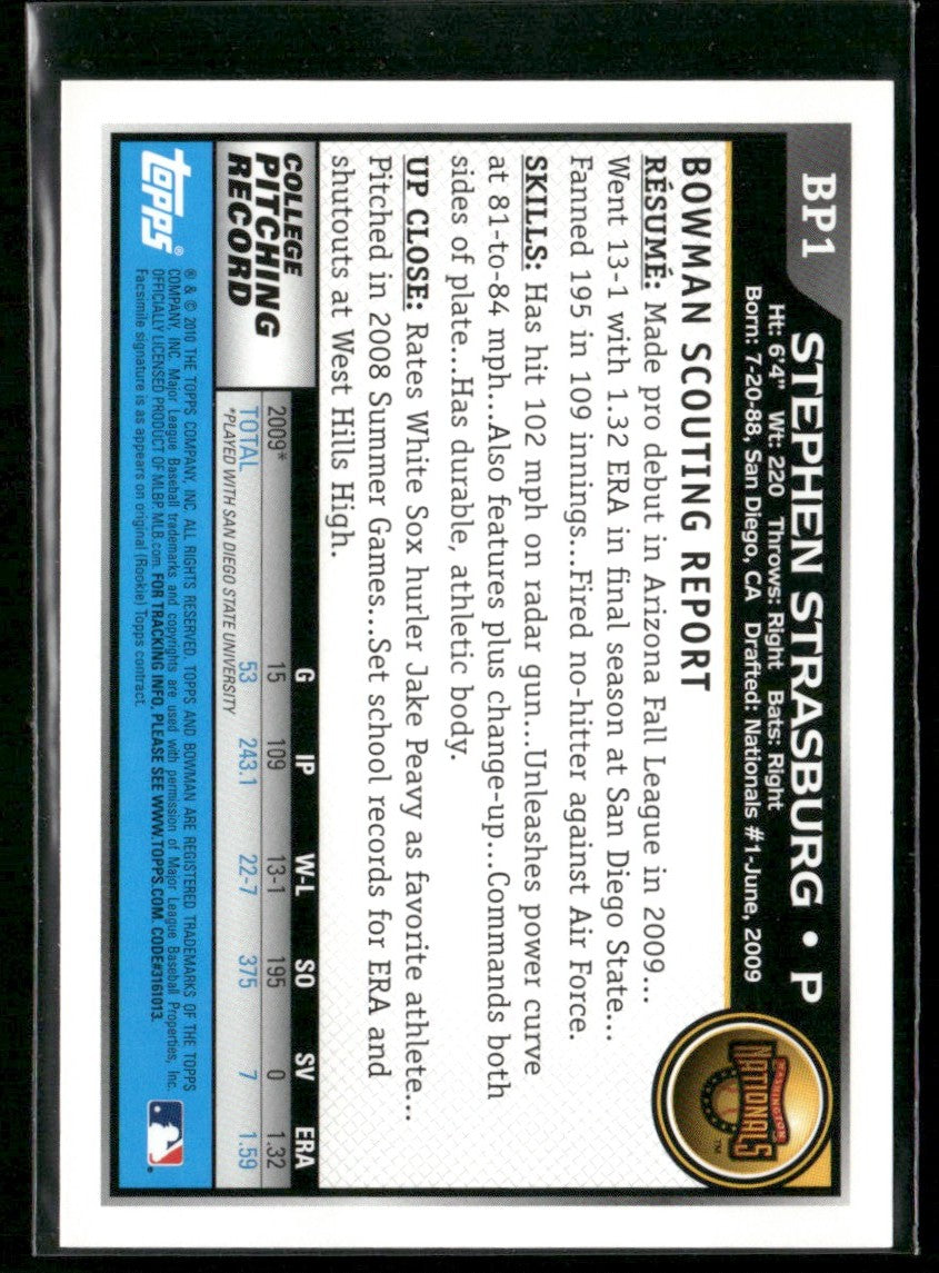 Stephen Strasburg 2010 Bowman 1st #BP1 Washington Nationals