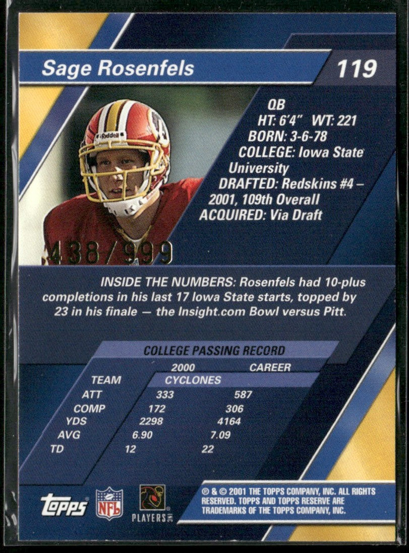 Sage Rosenfels 2001 Topps Reserve RC /999 #119 Washington Redskins