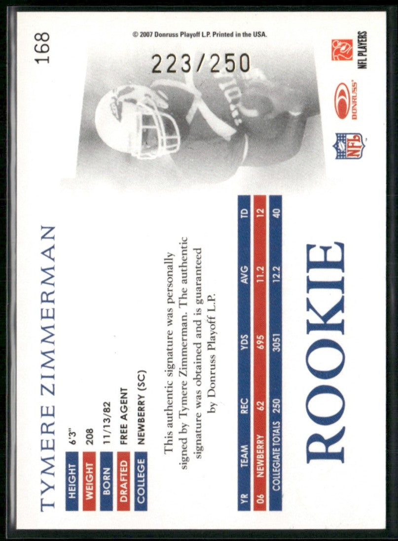Tymere Zimmerman 2007 Donruss Threads Rookie Autographs AUTO /250 #168