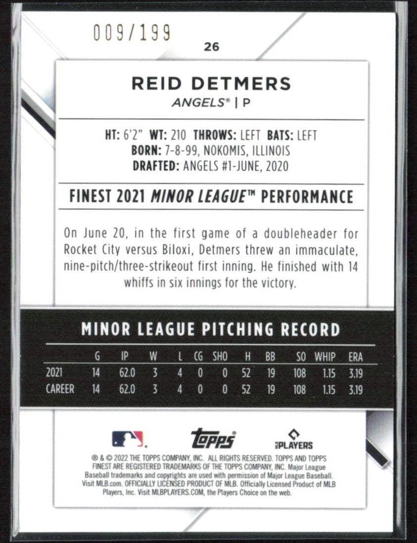 Reid Detmers 2022 Topps Finest Aqua Refractor /199 #26 Los Angeles Angels
