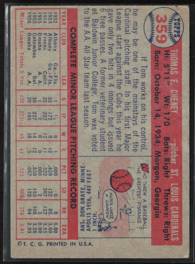 Tom Cheney 1957 Topps RC #359 St. Louis Cardinals
