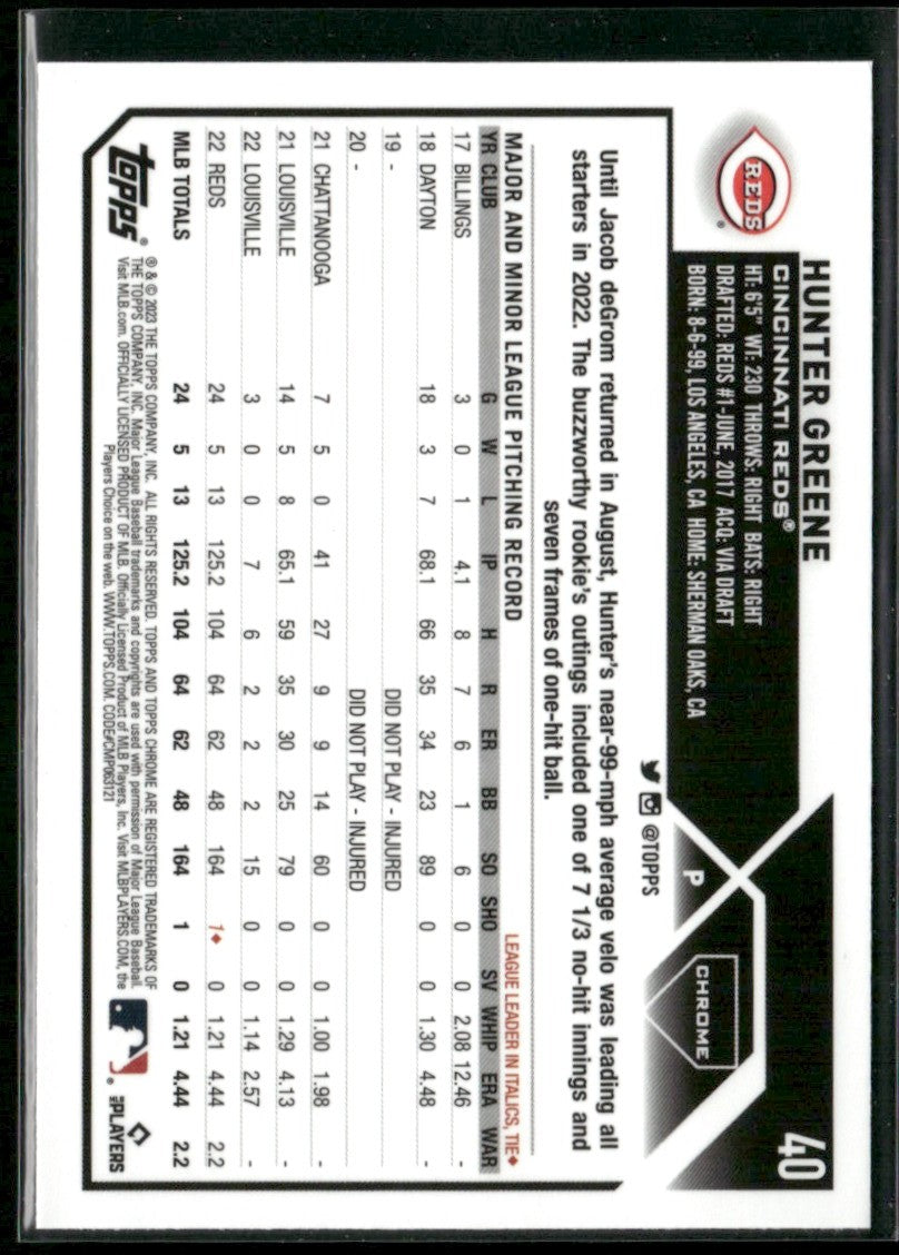 Hunter Greene 2023 Topps Chrome Pink Refractor #40 Cincinnati Reds