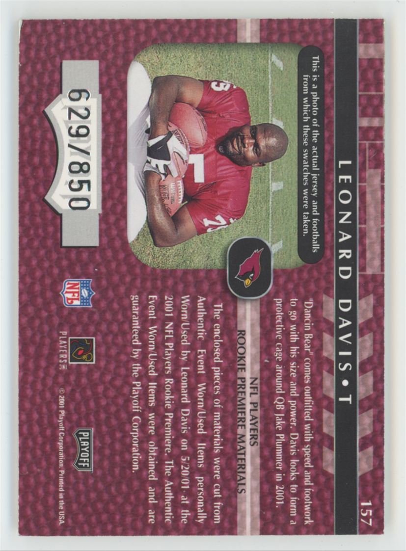 Leonard Davis 2001 Playoff Absolute Rookie Premiere Materials RC /850 Jersey