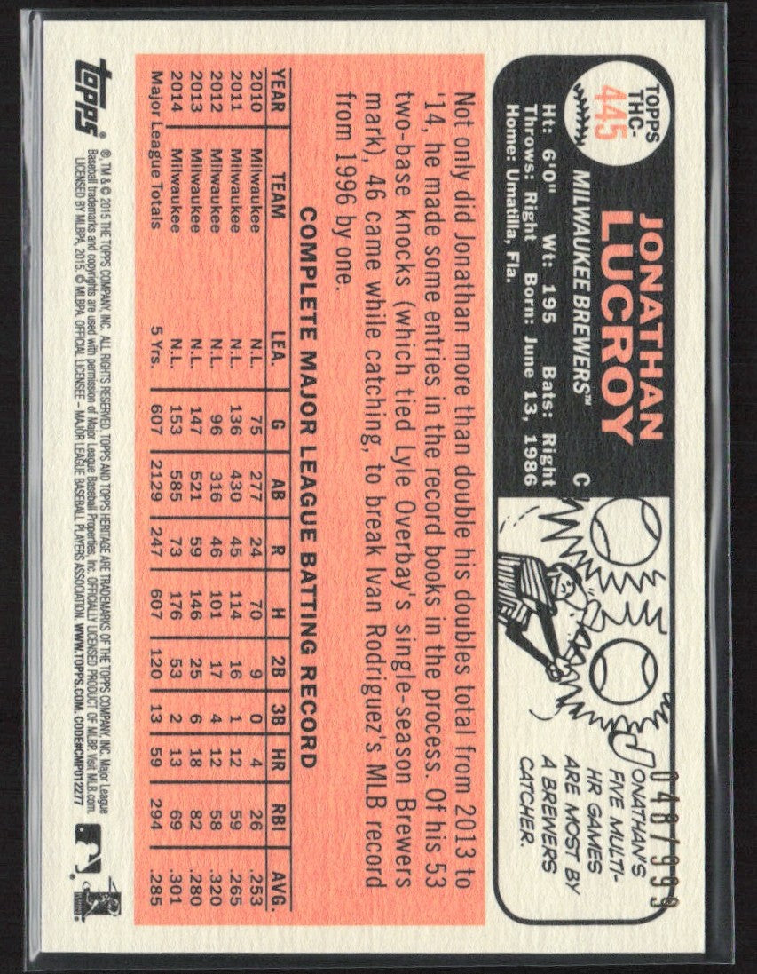Jonathan Lucroy 2015 Topps Heritage Chrome /999 #THC-445 Milwaukee Brewers