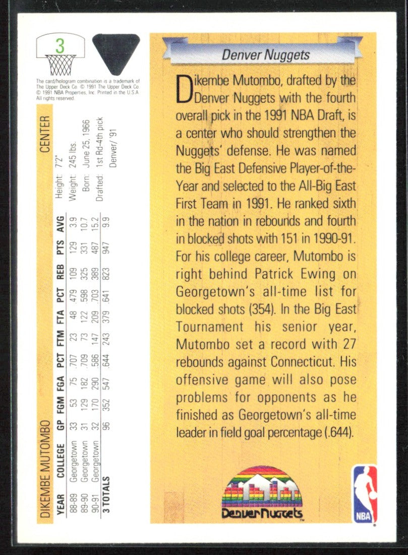 Dikembe Mutombo 1991 Upper Deck RC #3 Denver Nuggets
