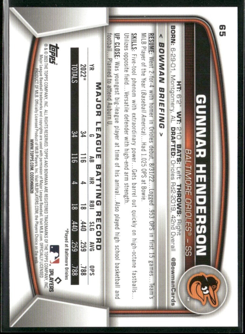 Gunnar Henderson 2023 Bowman RC #65 Baltimore Orioles