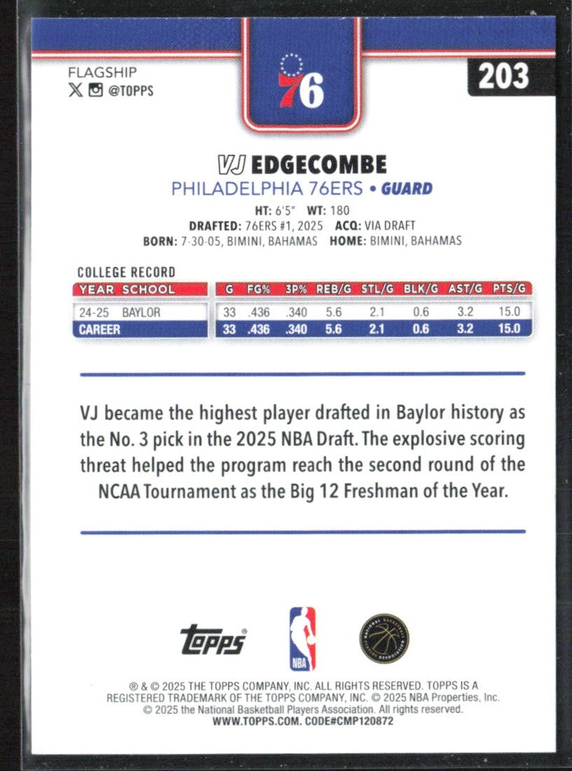 VJ Edgecombe 2025 Topps RC #203 Philadelphia 76ers