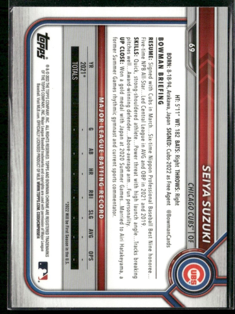 Seiya Suzuki 2022 Bowman Chrome RC #69 Chicago Cubs