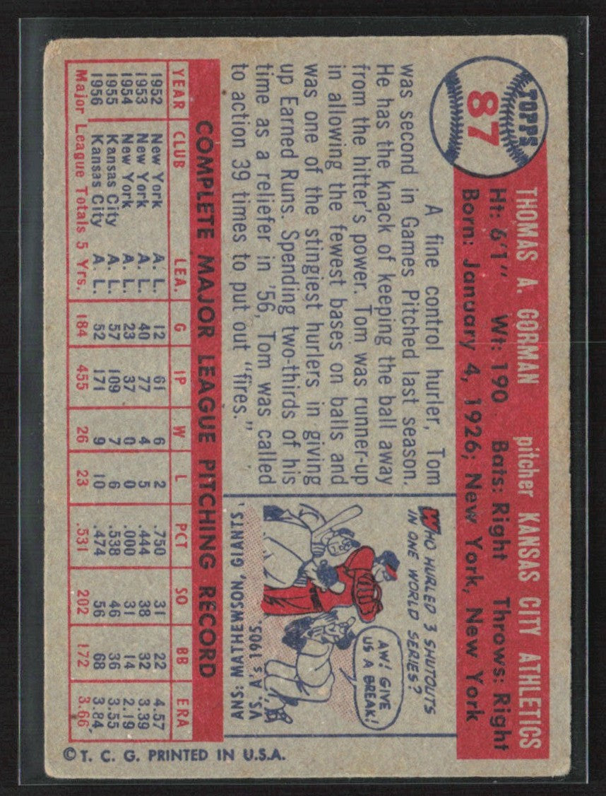 Tom Gorman 1957 Topps #87 Kansas City Athletics