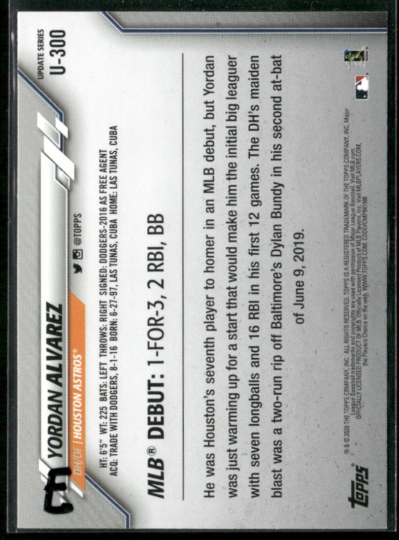 Yordan Alvarez 2020 Topps Update RC #U-300 Houston Astros