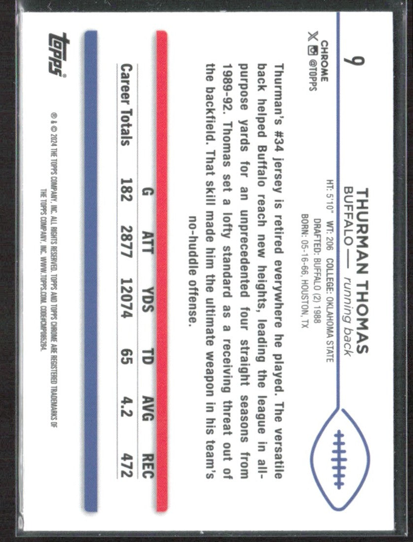 Thurman Thomas 2024 Topps Chrome Magenta Speckle Refractor /399 #9 Buffalo Bills