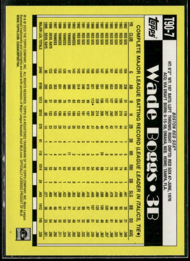 Wade Boggs 2025 Topps 1990 #T90-7 Boston Red Sox