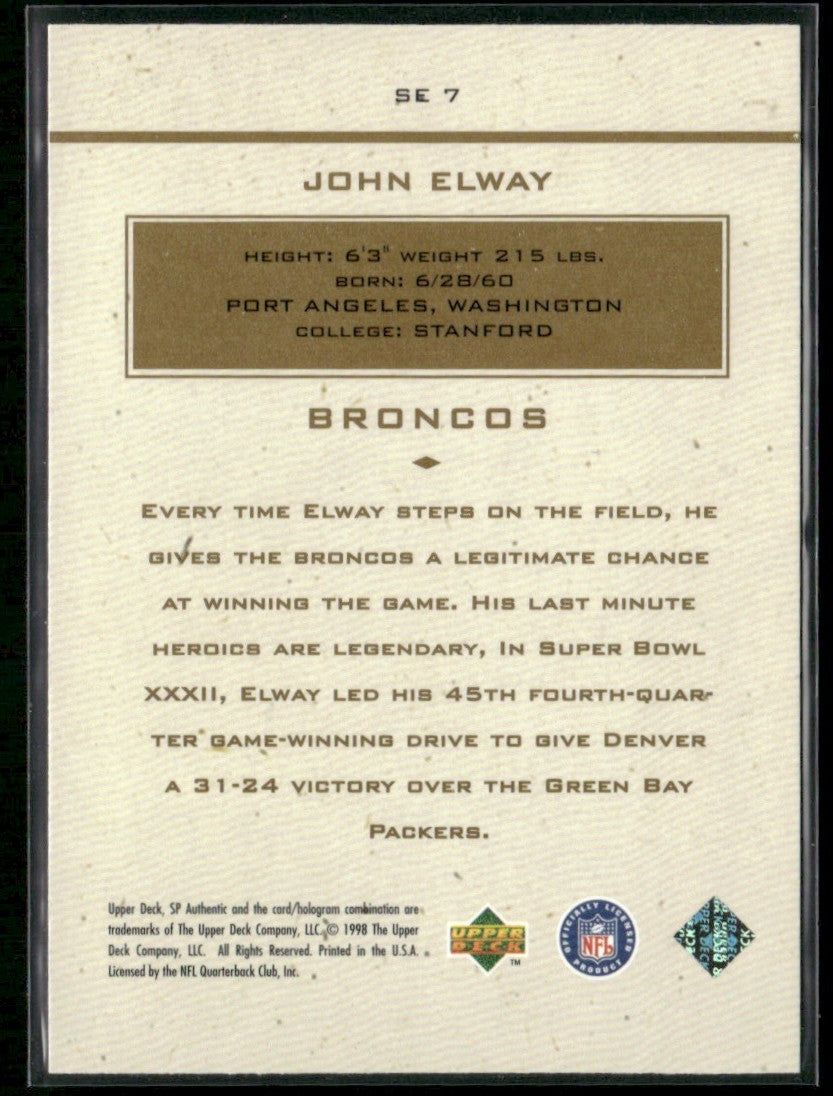 John Elway 1998 SP Authentic Maximum Impact #SE7 Denver Broncos