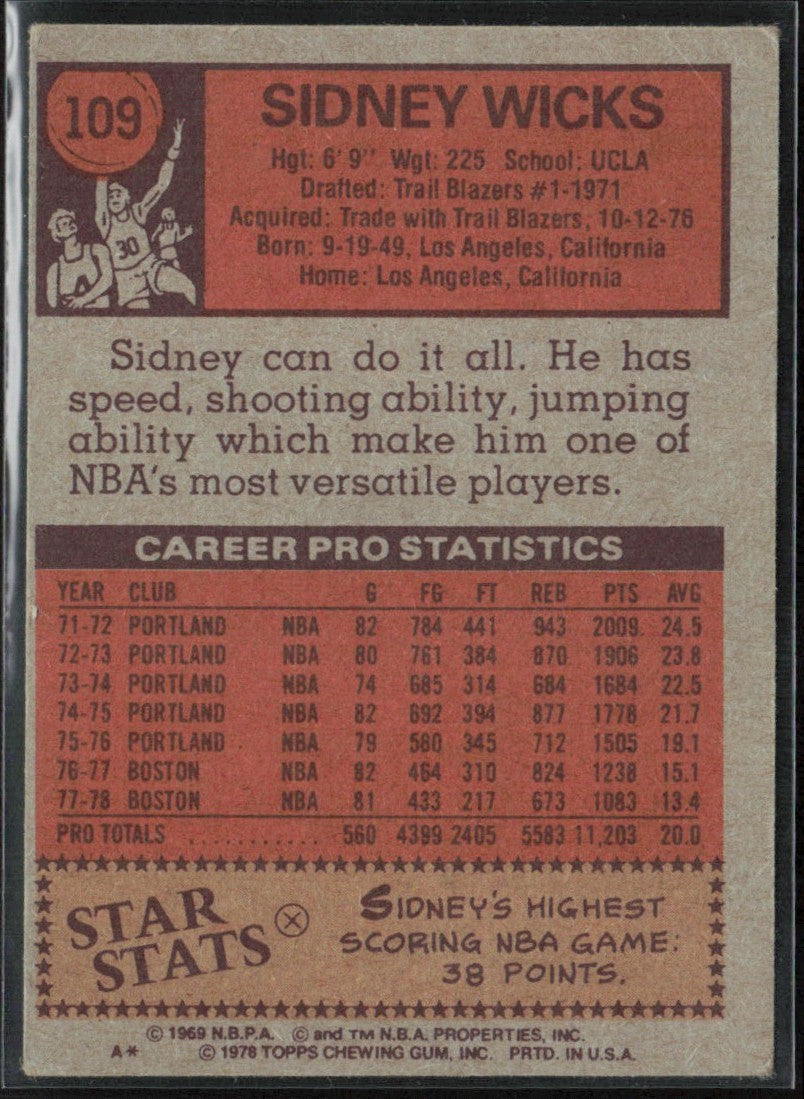 Sidney Wicks 1978 Topps #109 Boston Celtics