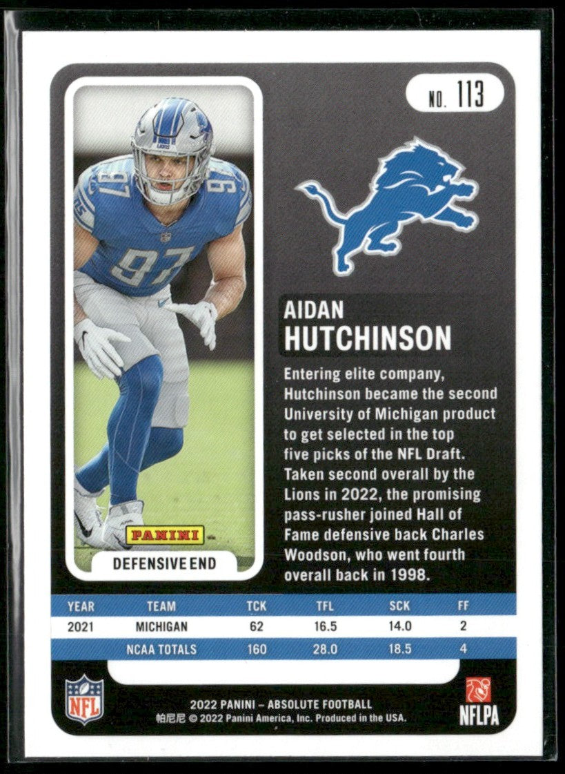 Aidan Hutchinson 2022 Panini Absolute RC #113 Detroit Lions