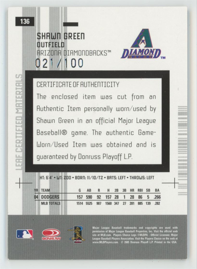 Shawn Green 2005 Leaf Certified Materials Mirror Blue /100 Bat #136