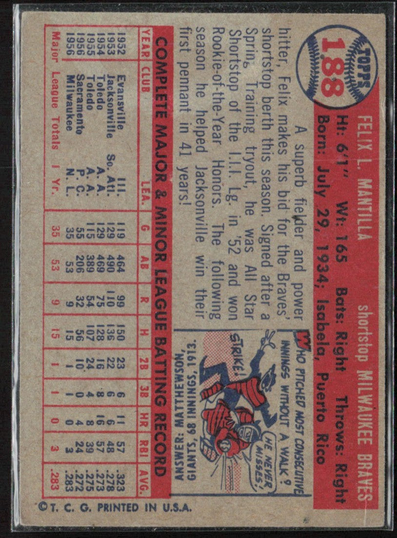 Felix Mantilla 1957 Topps #188 Milwaukee Braves