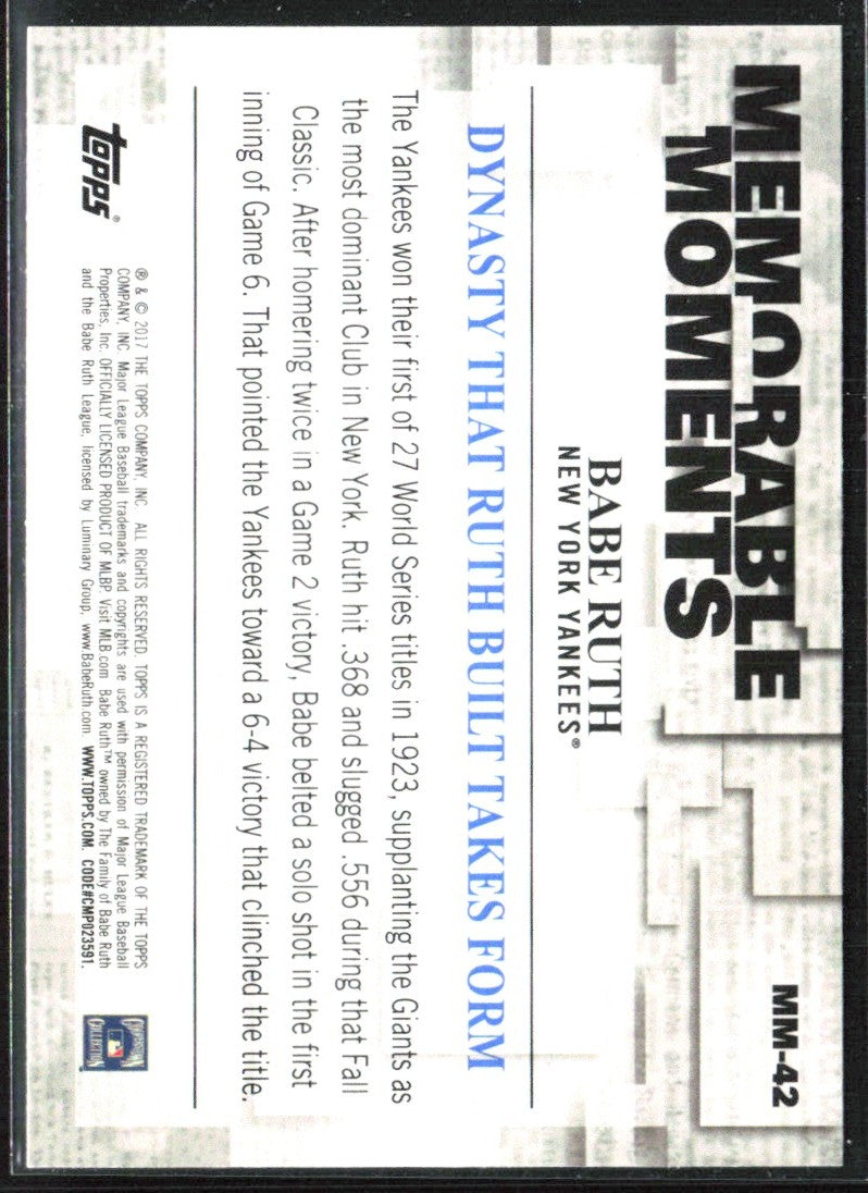 Babe Ruth 2017 Topps Memorable Moments #MM-42 New York Yankees