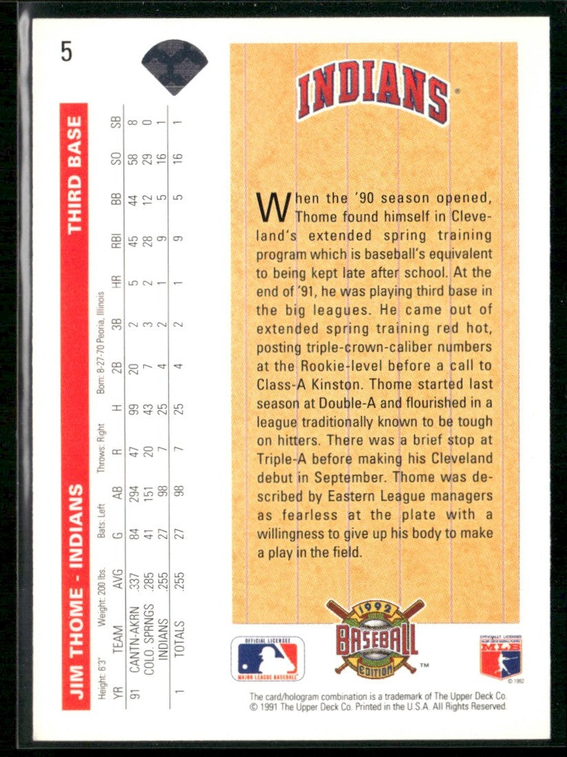 Jim Thome 1992 Upper Deck RC #5 Cleveland Indians