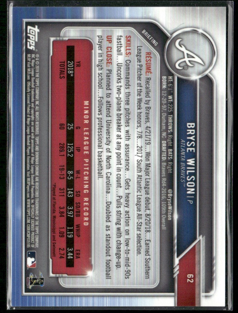 Bryse Wilson 2019 Bowman Chrome Blue Refractor RC /150 #62 Atlanta Braves