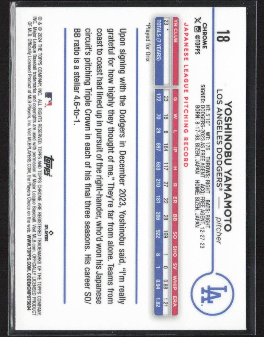 Yoshinobu Yamamoto 2024 Topps Chrome RC #18 Los Angeles Dodgers